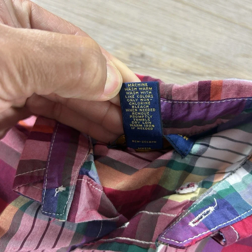 Ralph Lauren Polo Boys 7 Madras Plaid Short Sleeve Button Shirt Natural Stretch